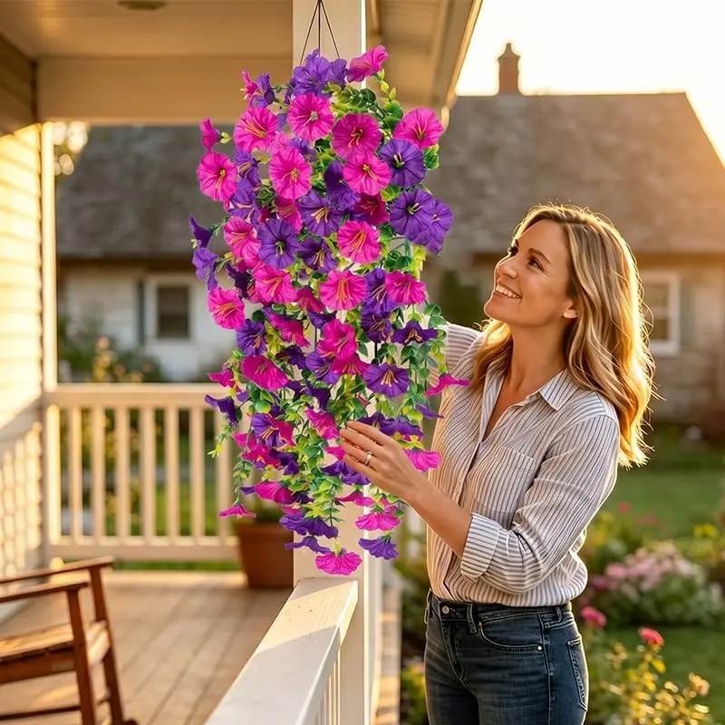 Anti-UV Plastic Silk Artificial Morning Glory Decorative Flowers, 2/4 Bundles 29 in Simulated Outdoor Blooms for Courtyard, Porch Everyday Home Decor