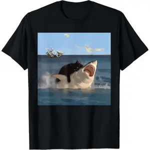 Cat Biting Shark Humorous Playful Funny Cat and Shark T-Shirt, Black