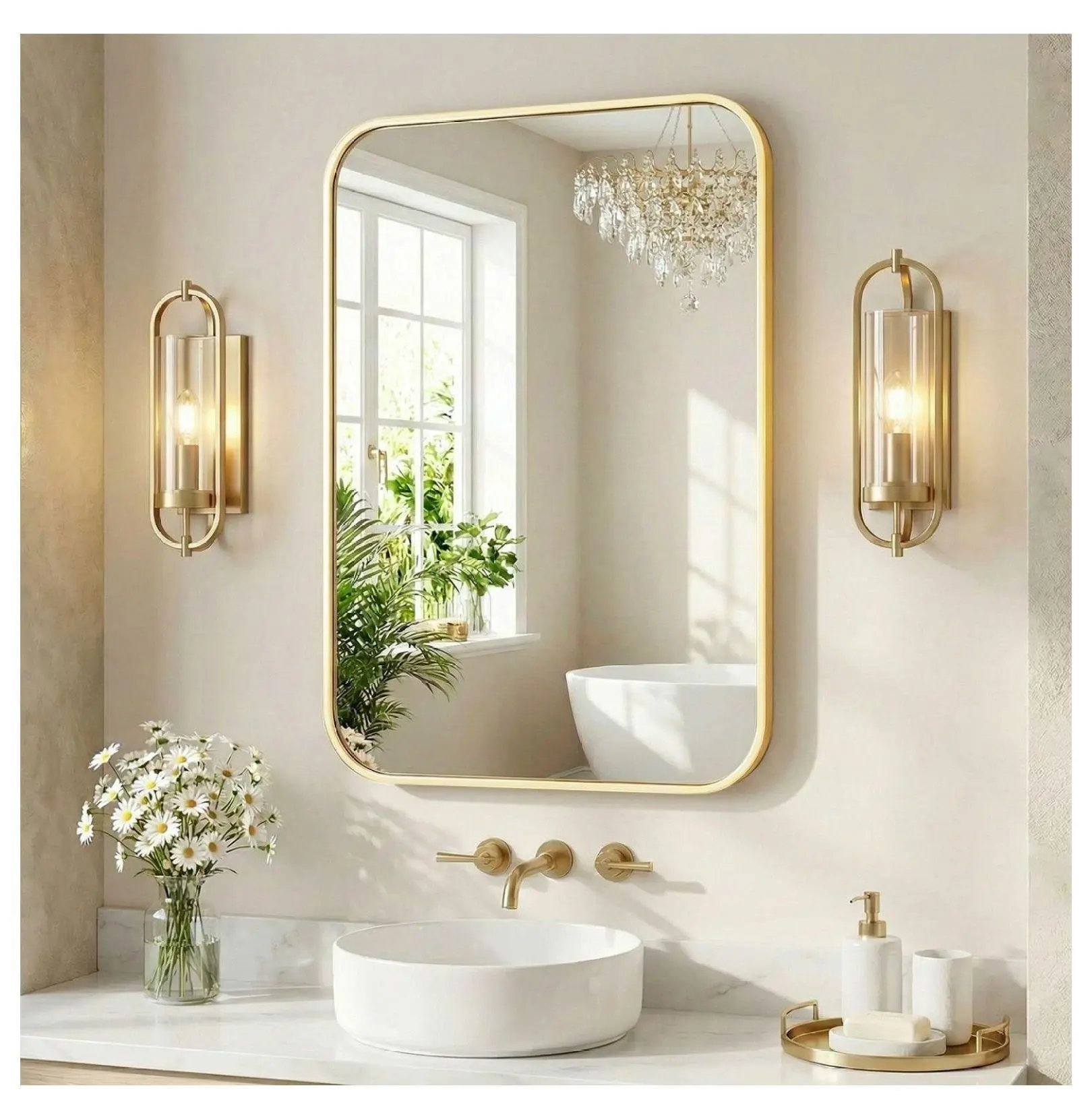 Rounded Corner Square Mirror, Aluminum Frame, 24x24 Tempered Glass Wall Mirror for Bathroom, Vanity, Bedroom, Living Room Decor