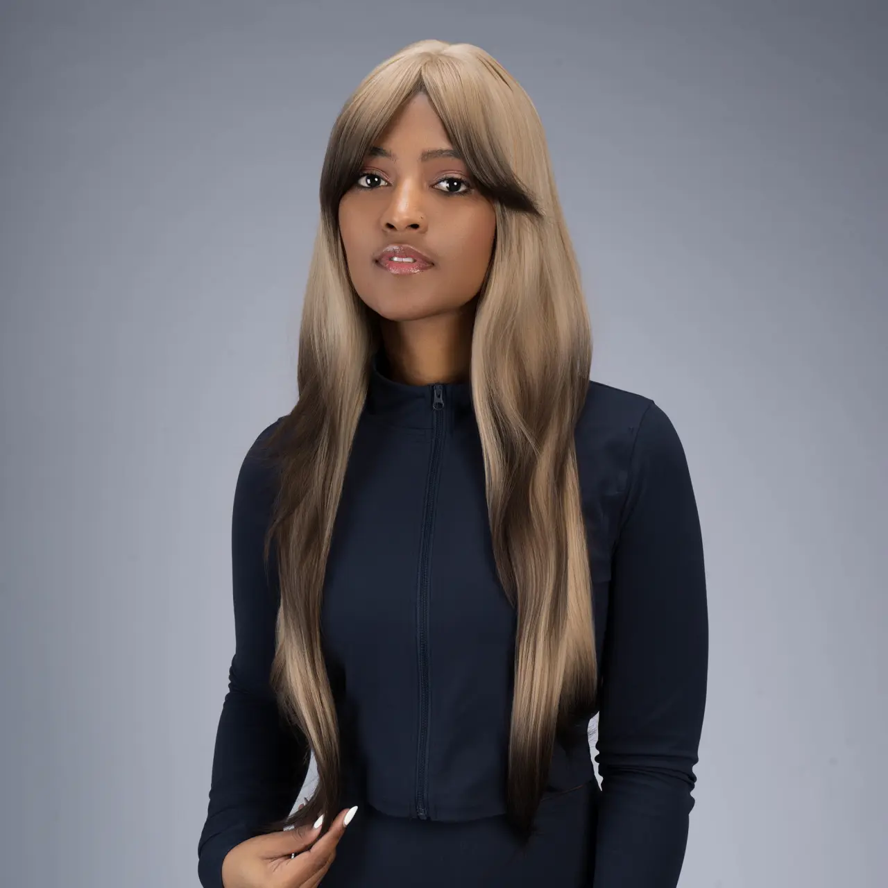 Lady Grayy 24-In Synthetic Full Machine Layered Cut Wig, Warm Beach Blonde Reverse Ombré (No Root Color, Brunette Ends), Pre Styled Loose Undone Waves, Heat Resistant, Cap Included, 51FSGA, Pre Styled Wigs