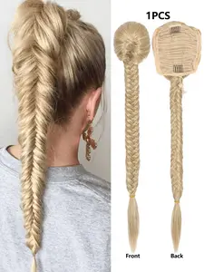 1 Pcs 24 Inch Synthetic Ponytail Braided Extension Hair Fishbone Braiding Hair Ponytail Extensions Gold Brown Color Drawstring Ponytail Clip In Fake Hair For Women Wear Daily Party Cosplay And Carnival Festival
