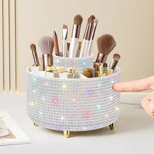 Bling 360° Rotating Makeup Brush Holder Storage Box Diamond Decorated Desktop Organizer Sparkling Office Supplies Pen Holder Exquisite Gift for Women Girls 4.9x5.9 Inches 5 Compartments