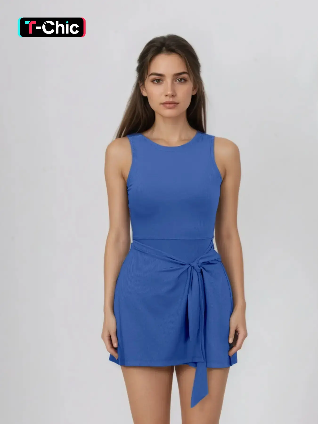 Women's Sporty Slim-Fit Above-Knee Dress, Built-In Bra, Sleeveless Tie Waist Flare Skirt, Perfect for Tennis Golf Fitness, Tennis Sports Dress, Workout Dress