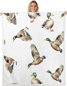 Mallard Duck Sherpa Blanket,Hunting and Fishing Fleece Throw Blanket,Wild Animal Plush Blanket for Bed Sofa Couch,Wildlife White Fuzzy Blanket
