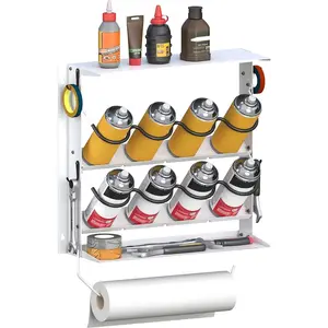 Spray Paint Can Holder with Paper Towel Holder for Home Garage Organizer, Wall Mount Paint Bottle Tool Utility Storage Rack with 8 Holes & 2 Shelf for Shop, White