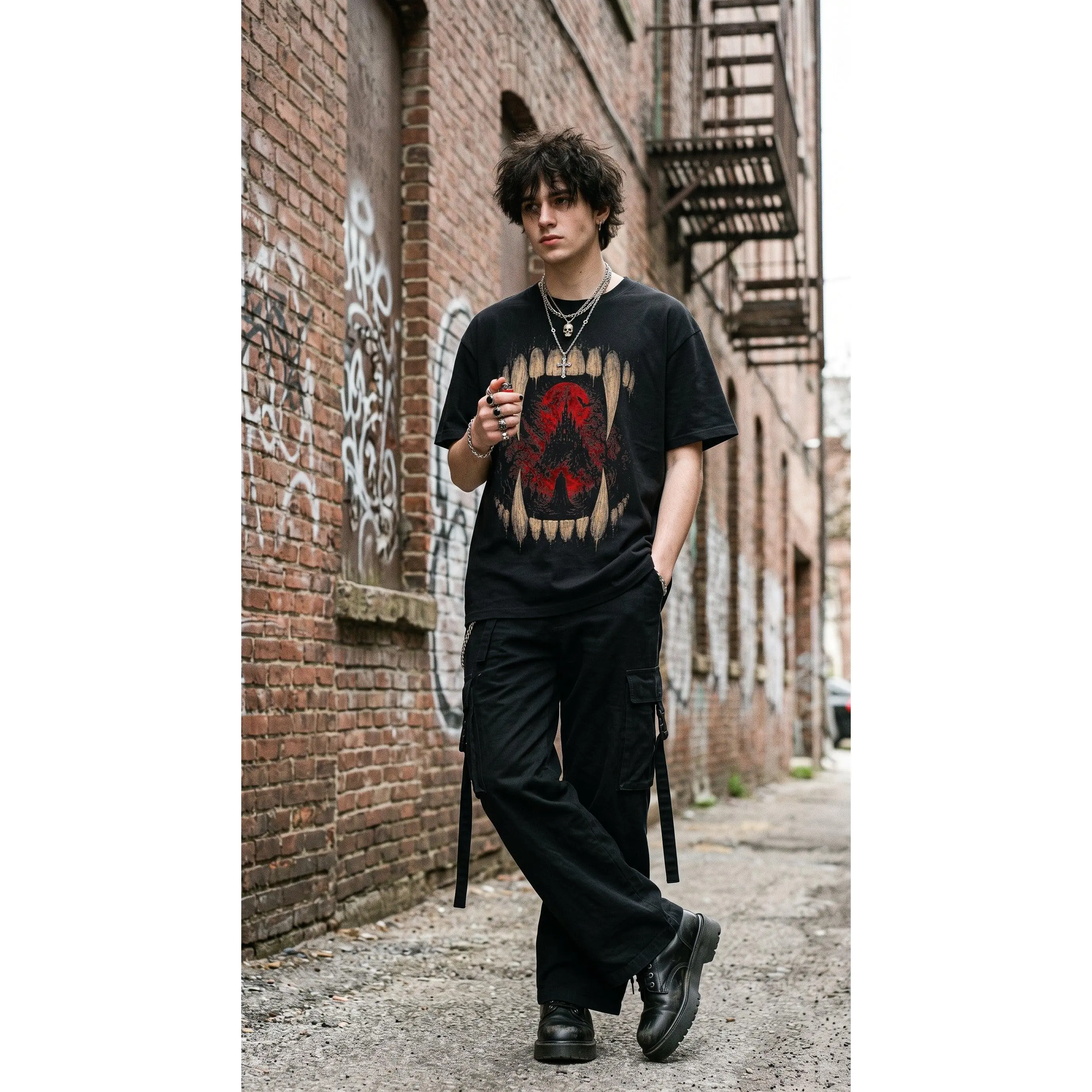 Fangs - Loose Drop Shoulder T-Shirt Cotton Fabric