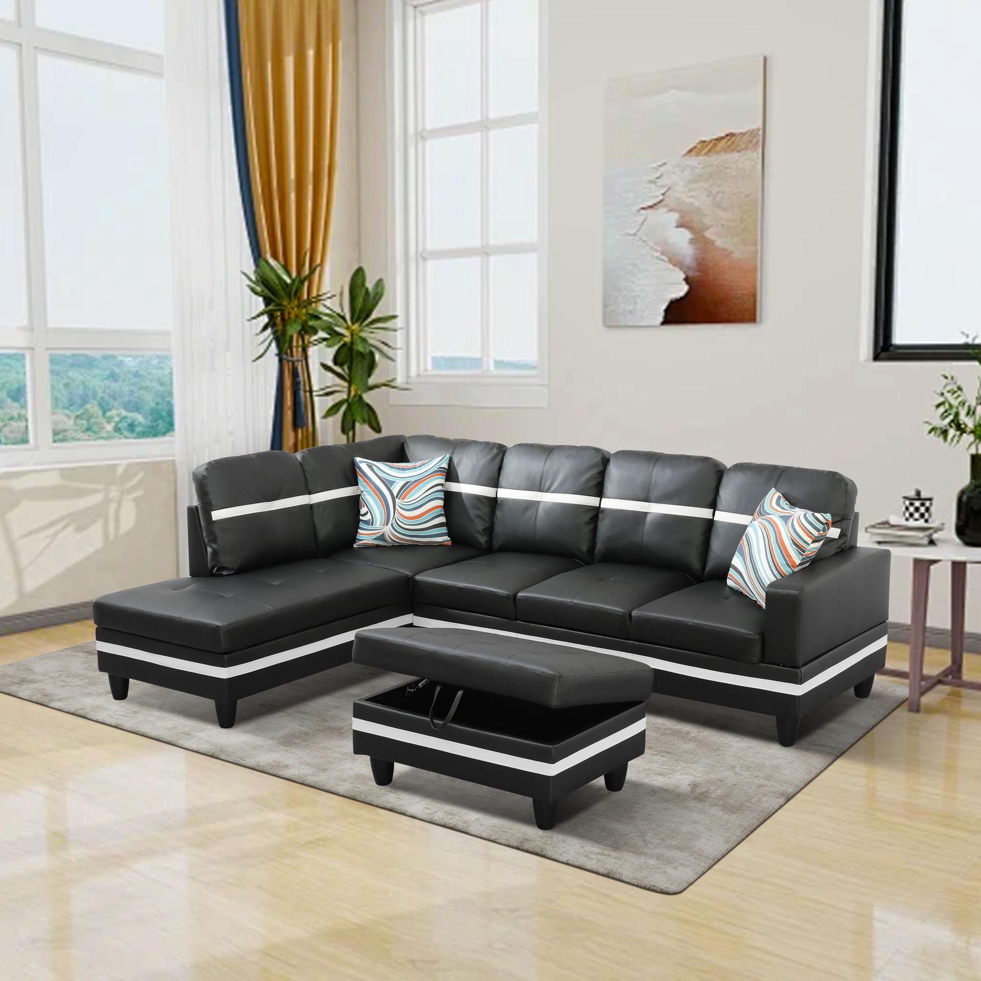 Black And White Semi PU Synthetic Leather 3-Piece Couch Sofa Set, Modern Living Room Furniture, Soft Comfy Upholstered Loveseat For Apartment Home Dorm Viral Style