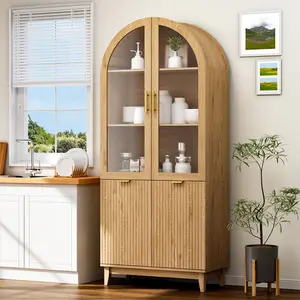 71" Tall Arched Pantry Cabinet, Kitchen Pantry with Glass Doors & Fluted Doors, Wood Storage Cabinet with Adjustable Shelf, Versatile Cupboard for Kitchen, Living Room,Natural