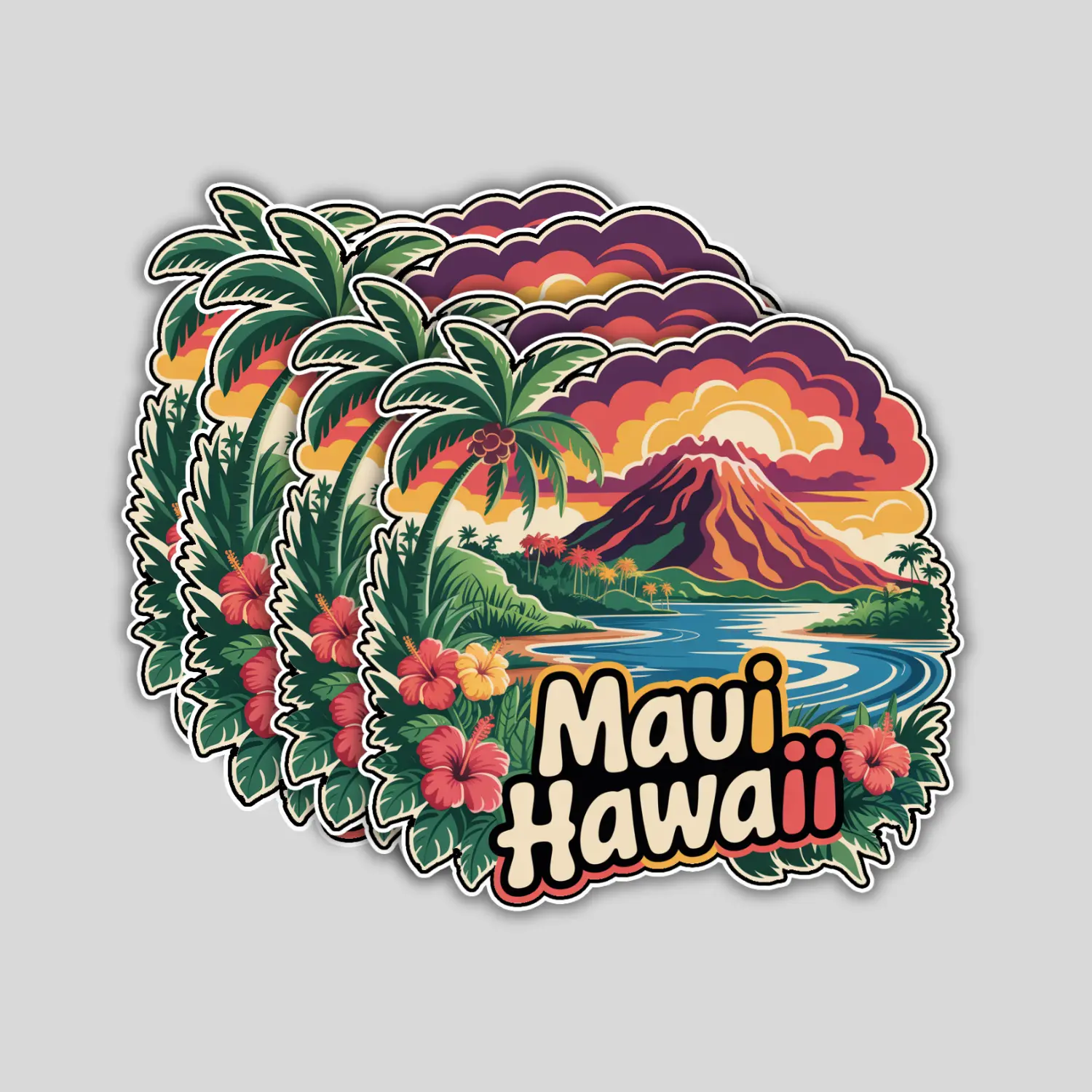 4 Pack Maui Hawaii Stickers – Travel Souvenir Vinyl Decals for Laptop, Bottle, Car, Tumbler – Aesthetic Gift for Adults & Travelers