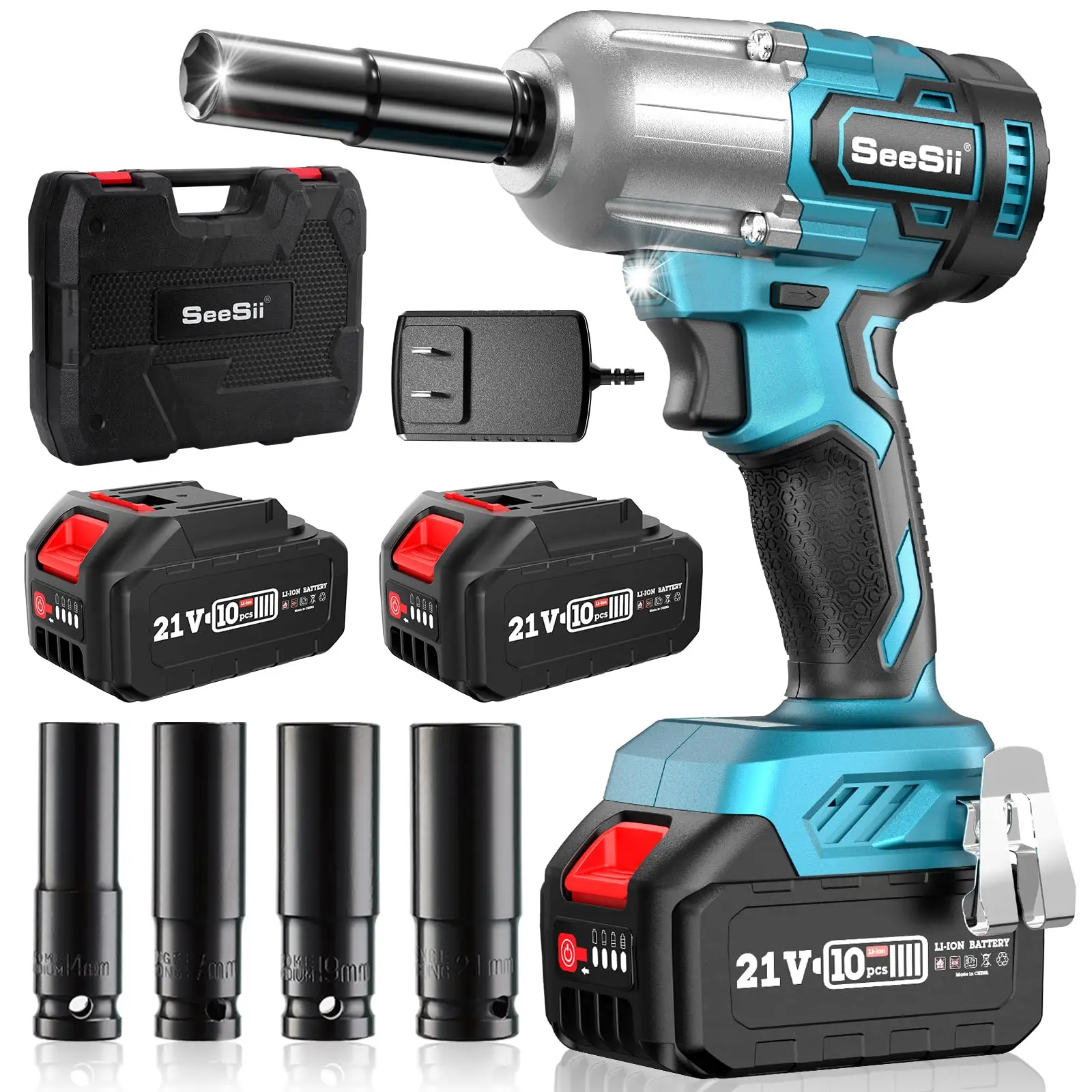Seesii Cordless Brushless Impact Wrench 1/2 inch, (450N.m) 332Ft-lbs Max Torque Electric Impact Wrench w/ 2x 4000mAh Battery, Charger & 4 Sockets, Pow