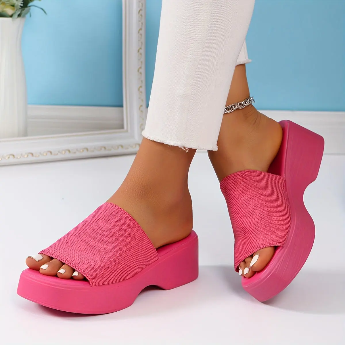 Women's Slip-On Platform Sandals, Solid Fabric Open-Toe Mid Heel with a Soft Polyurethane Sole for Summer Casual Wear