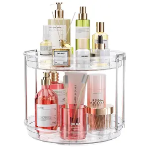 2 Tier Lazy Susan Bathroom Organizer, 9.25Inch Clear 360 Rotating Makeup Organizer for Vanity, Skincare Organizers Perfume Organizer, Spice Rack Organizer for Cabinet- Home Organization and Storage