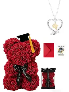 Graduation Gift Set, Handmade Eternal Flower Rose Bear Bachelor Hat Necklace Box, Friendship Long-Lasting, Birthday Gift for Classmates
