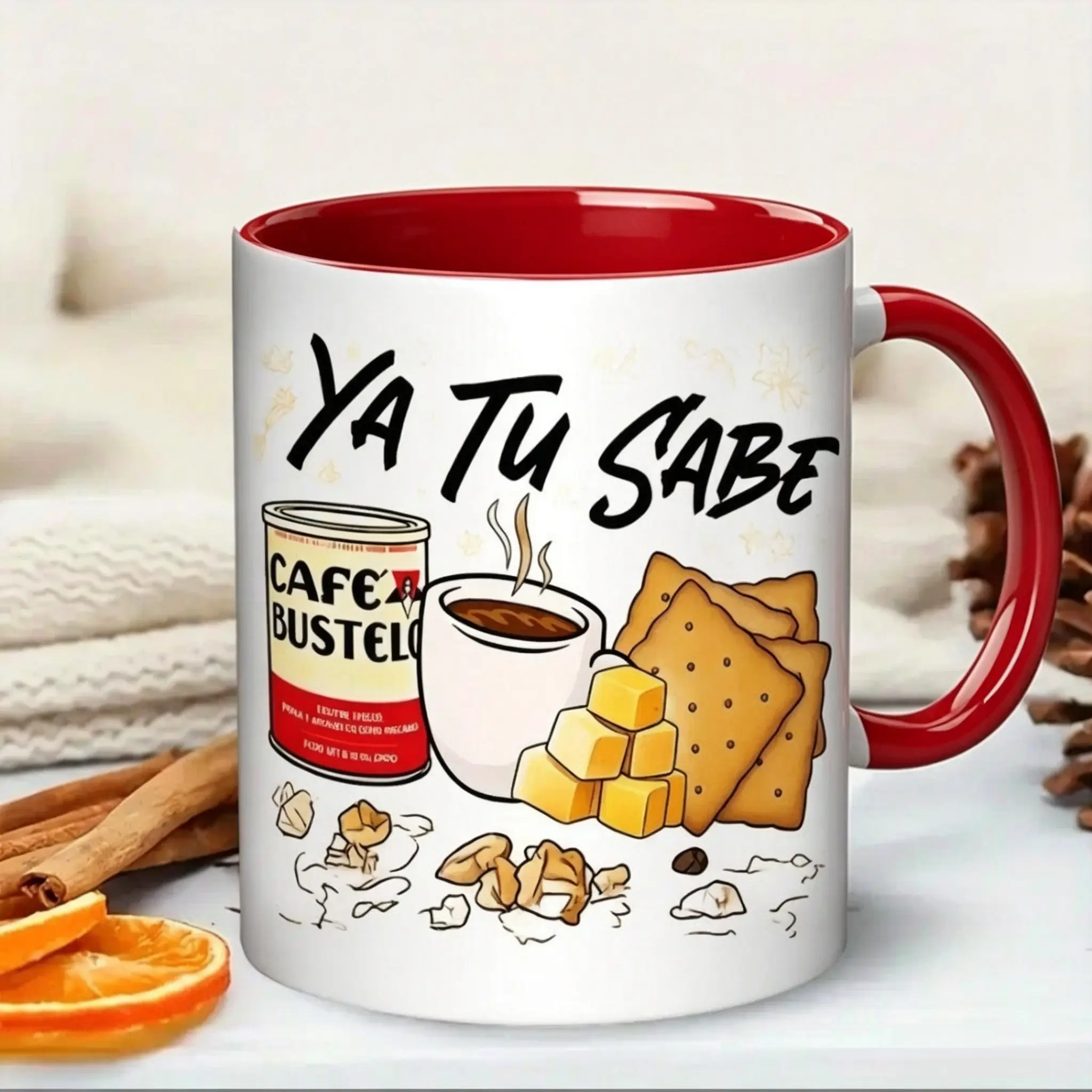 11oz/15oz Ya Tu Sabe Coffee Mug - Cuban Culture Themed Ceramic Cup with Black Handle & Interior, Cafe Bustelo Design Featuring Coffee Beans, Crackers & Cheese - Novelty Gift for Coffee Lovers, Housewarming -Clean Coffee Cup for Home or Office Use,