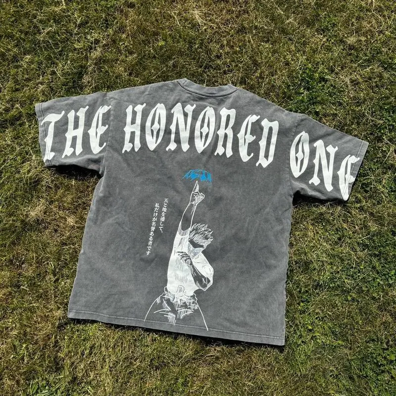 The Honored One Gojo JJK Acid Wash Black Vintage Style T-shirt, Anime Inspired Tee,Gojo Cosplay Cool Shirt For Boys Streetwear Tops