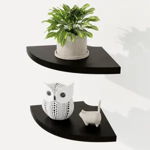 Fun Memories Corner Shelf Wall Mount Set of 2 - Solid Oak Wood Floating Corner Shelf with Cable Hole, 7in Rustic Design for Bedroom, Living Room, Kitchen (Black)