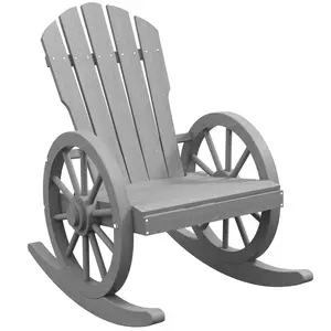 Outsunny Wooden Rocking Chair, Adirondack Rocker Chair w/ Slatted Design and Oversized Back, Outdoor Rocking Chair with Wagon Wheel Armrest for Porch, Poolside, and Garden, White