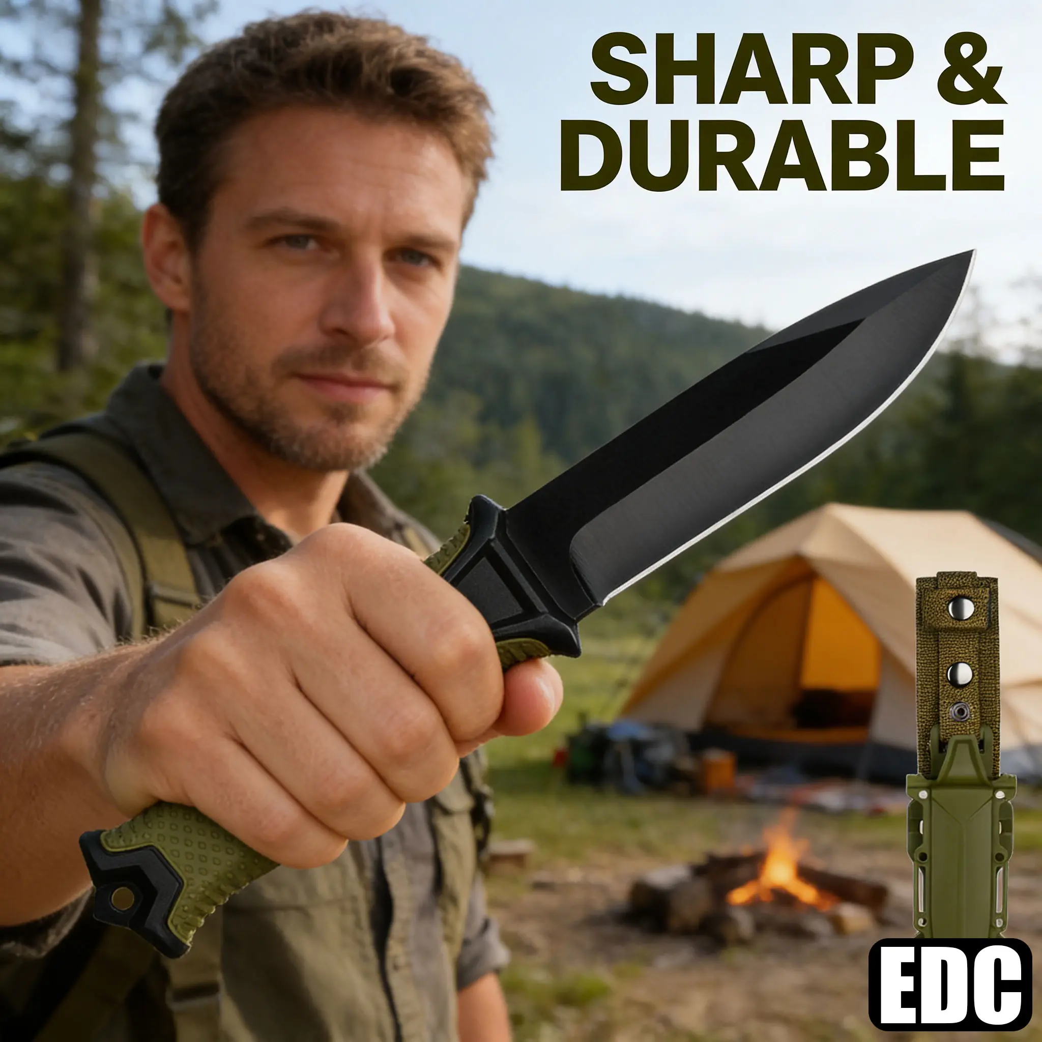 High Hardness Full Tang Fixed Blade Tactical Knife with Secure Sheath, EDC Survival Knife for Camping Hunting, Durable Outdoor Gear for Men pruning