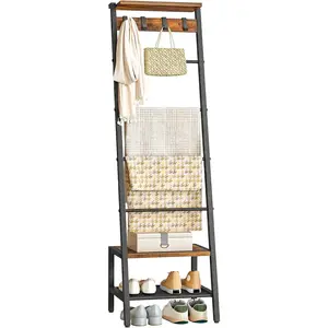 Blanket Ladder, 7-Tier Giraffe Shape Towel Rack for Living Room and Bedroom, 63.4" H Decorative Ladder Shelf with Hooks, Metal Frame, Industrial Style, Rustic Brown and Black BF13CJ01