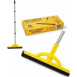 2-in-1 Heavy Duty Floor Squeegee and Water Broom with Telescopic Handle, EVA Foam Blade for Tile, Concrete, Marble, Garage, Patio and Shower Cleaning