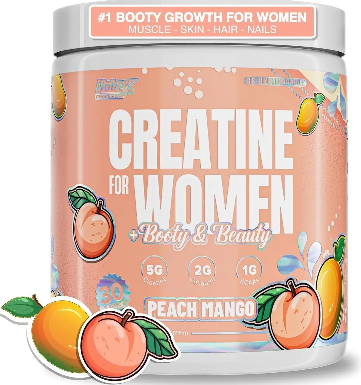 Nutrex Research Creatine for Women Booty & Beauty – Peach Manago | 5g Creatine, 2g Collagen, BCAAs & Hyaluronic Acid for Glutes, Strength & Skin | Gluten Free, 30 Servings