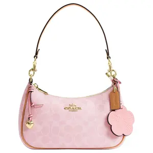COACH Teri 24 Detachable Flower Charm Classic Monogram Artificial Leather Mahjong Crossbody Shoulder Bag Medium Women's Cherry Blossom Pink