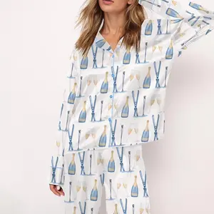 Apres Ski Champagne Satin Pajama Set for Women – Comfy Silky Sleepwear & Loungewear | Printed PJs Top & Bottoms
