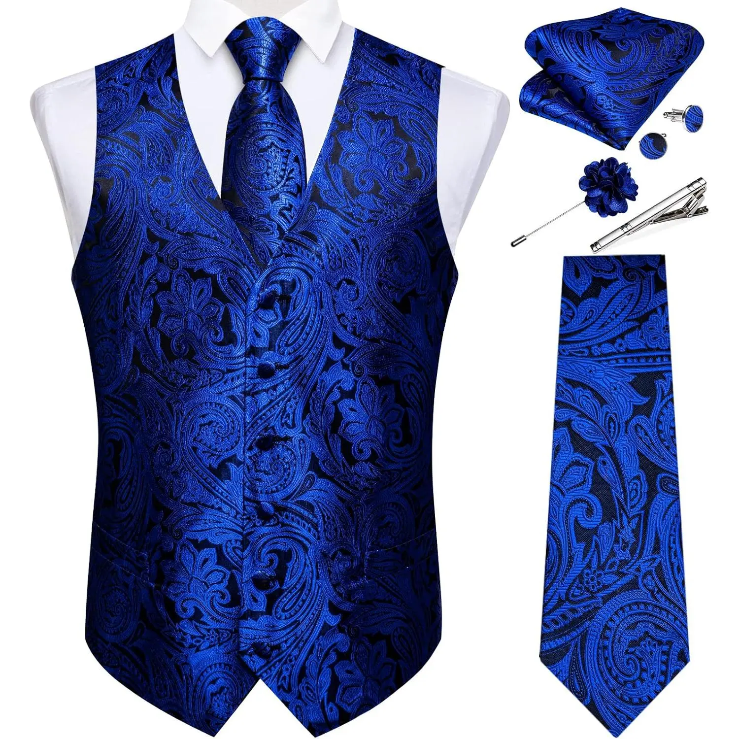 Mens Vest and Tie Set Formal Paisley Waistcoat and Necktie Pocket Square Cufflinks Silk Suit Vest for Tuxedo Wedding