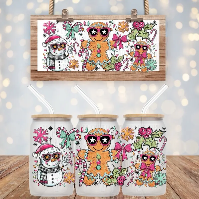 Christmas UV DTF Cup Wrap with Festive Characters and Snowman Design for Holiday Beverages
