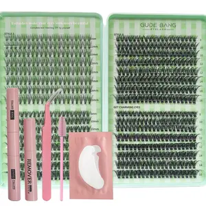 A Box 400~640 Cluster False Eyelashes Set, 8-16mm Mixed Length, DIY Individual Lashes Cluster D Curl ,With Lash-Glue Bond And Seal, Lash Remove And Lash Applicator Brush Tool and One pair Eyelash Gel Eye Pads(20D-30D-40D-50D), Eyelash Extension