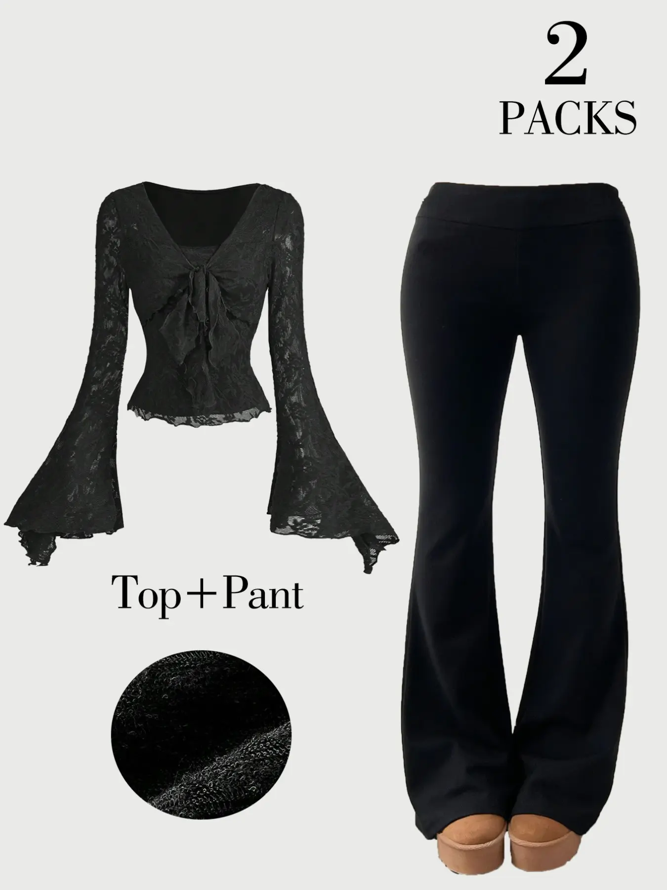 Women's Gothic Coquette 2 Piece, Lace Bell Sleeve V-Neck Crop Top, High Waist Flare Leg Pants, Y2K Grunge Streetwear Set Long Sleeve