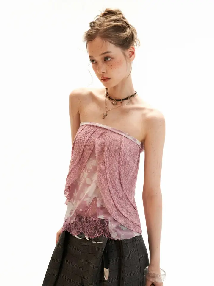 Women's Dusty Rose Layered Gauze Bandeau Top, Chiffon-Cotton Blend, Casual Tank Camisole for Daily Wear