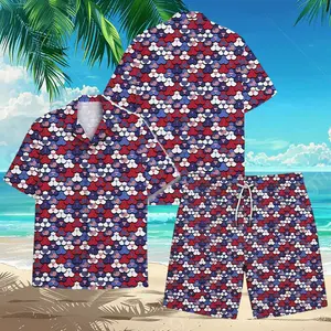 USA Flag Heart Pattern Hawaiian Shirt Men Women Funny Patriotic Red White Blue Casual Loose Cool Beach Summer 4th July Festival Aloha Shirt