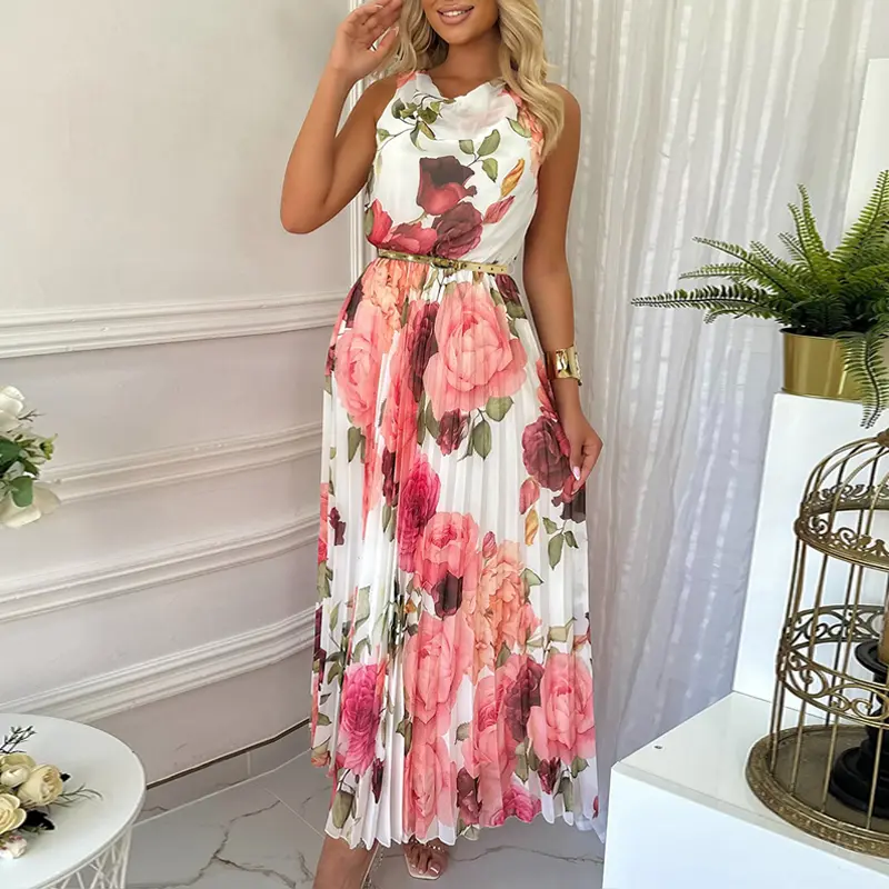 CHICME Women's Floral Print Cowl Neck Sleeveless Pleated Dress Elegant Zipper Back Vacation Dress/Summer Dress with Belt