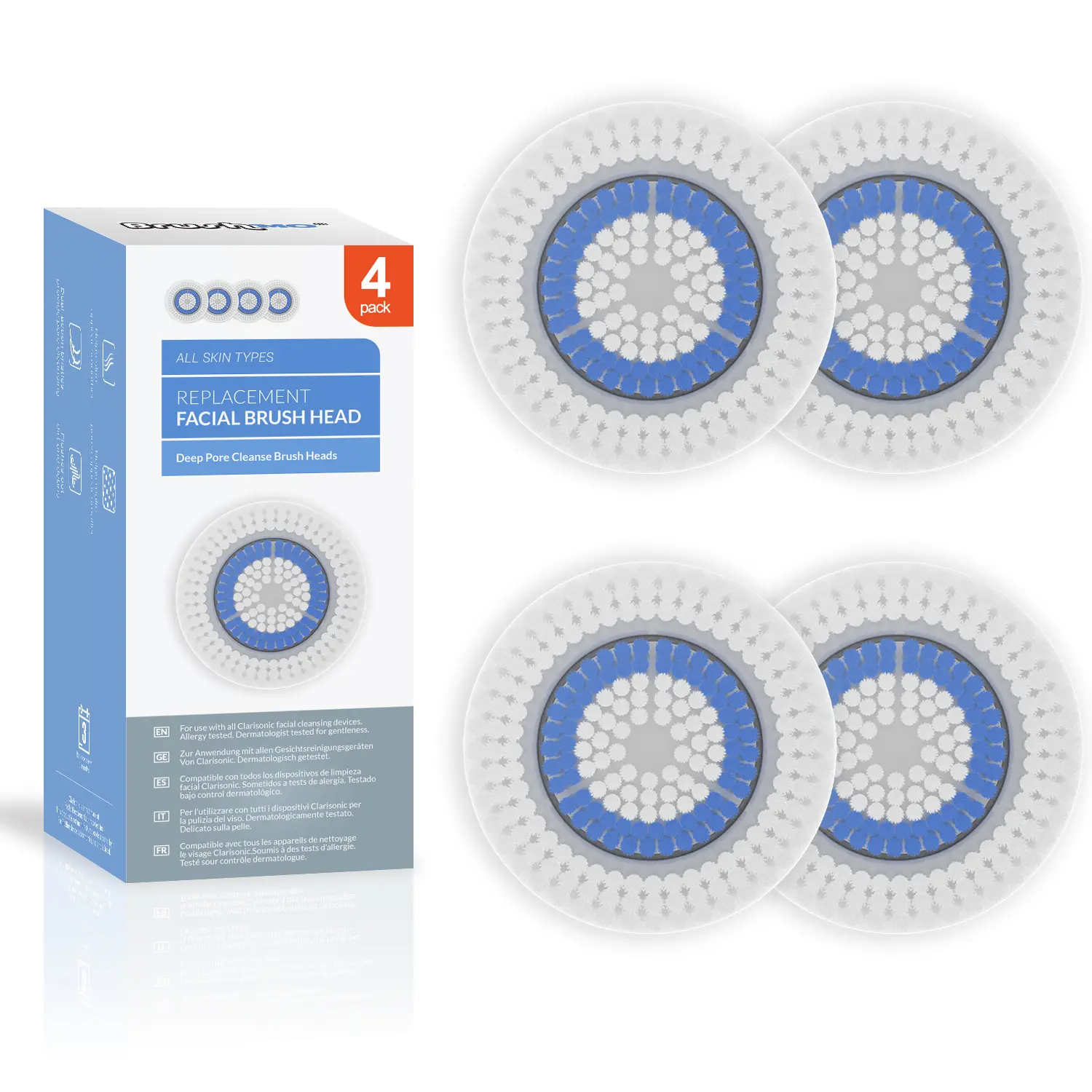 Brushmo Brush Head Replacements Compatible with Clarisonic Mia 1, Mia 2, Mia Fit, Alpha Fit, Smart Profile Uplift and Alpha Fit, Deep Pore Facial 4 Pack (Deep Pore Clean))