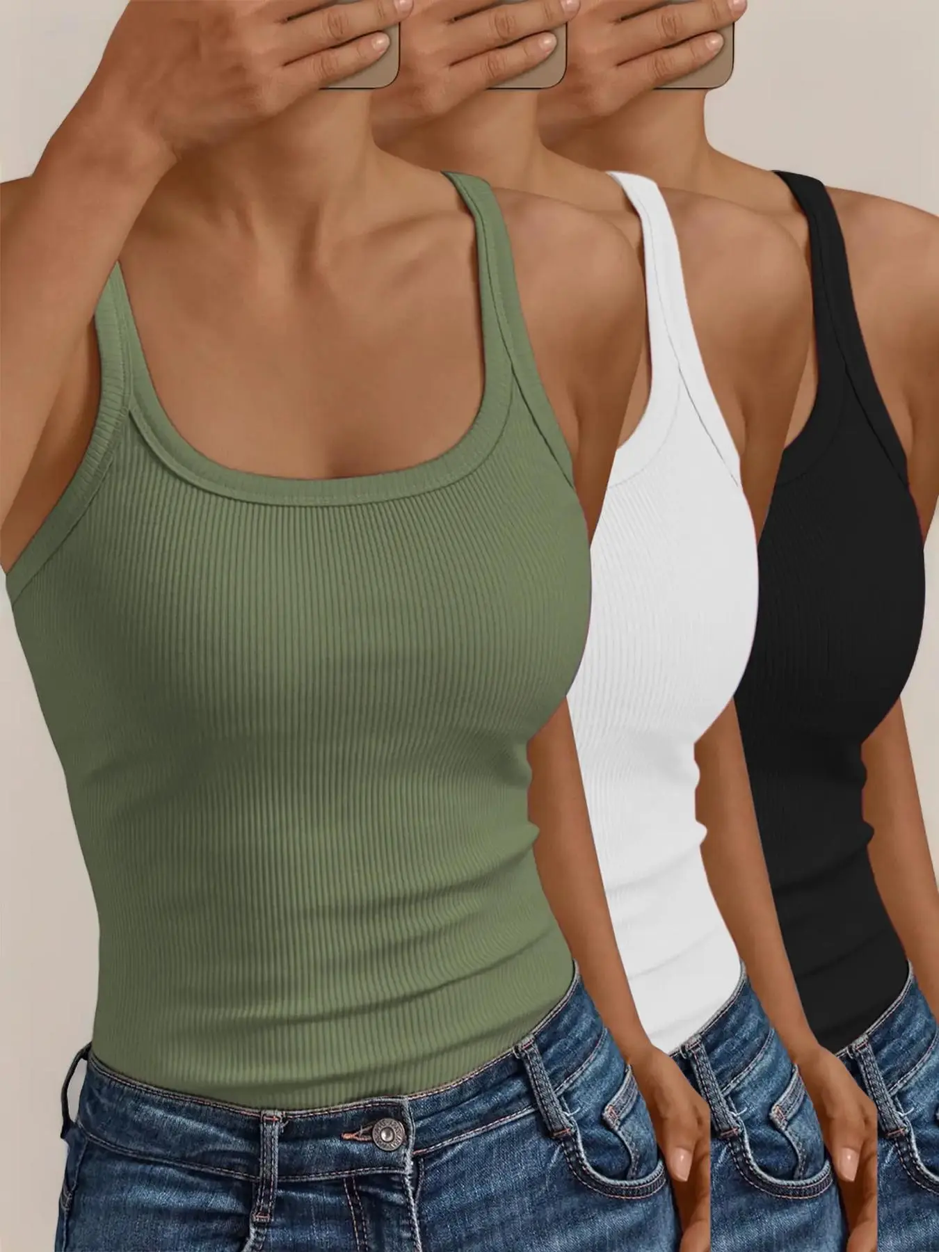 Women's Solid Scoop Neck Spaghetti Cami Top, Basic Feminine Casual Lightweight Sleeveless Top for Daily Wear, Ladies Clothes for All Seasons, Womenswear, Cami Tank Tops