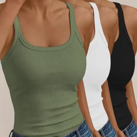 【Black Friday】Women's Ribbed Scoop Neck Tank Top, 3 Pack Casual Sleeveless Wide Strap Solid Color Basic Feminine Top, for All Season Daily Wear, Back to School