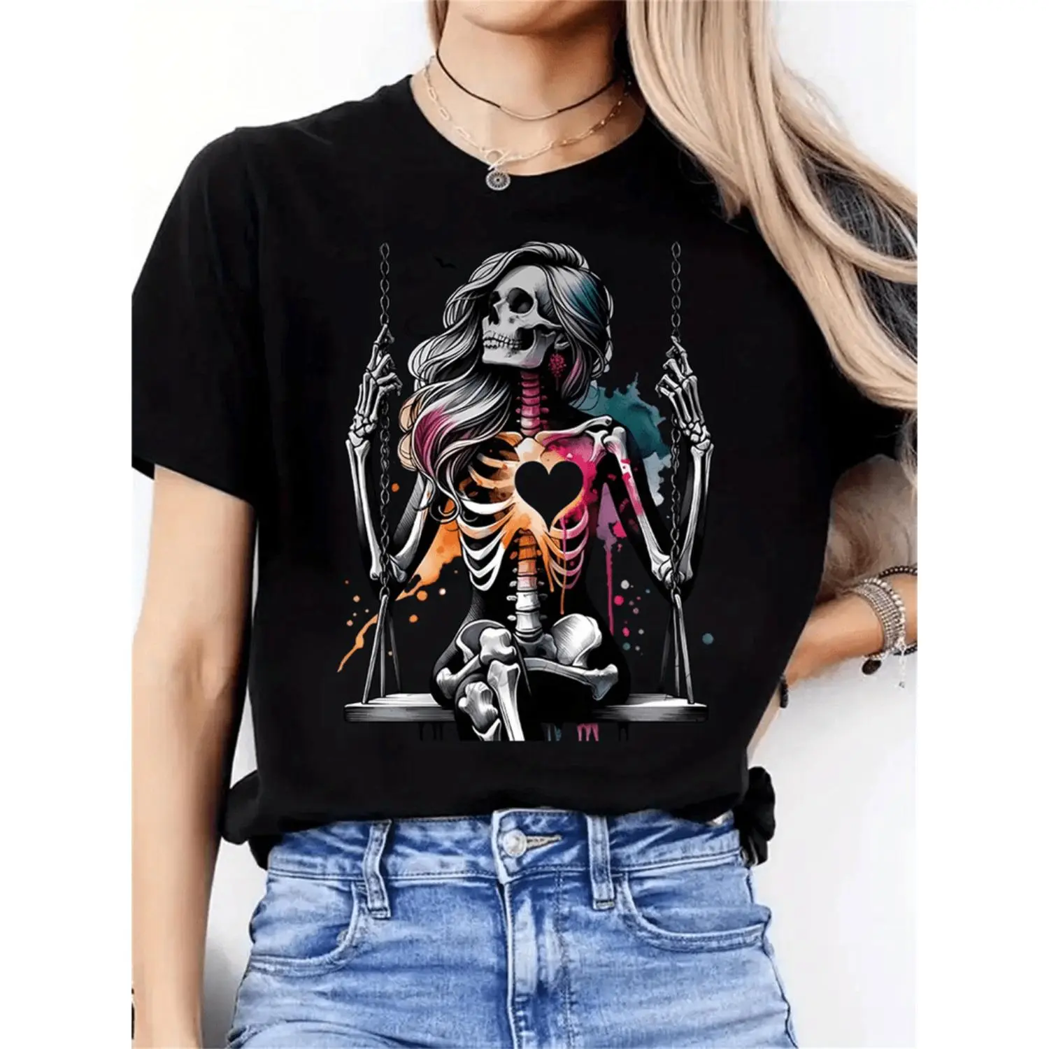 Women's Skeleton Heart Swing Graphic Tee with Soft Stretch Round Neck AllSeason Comfort and Sporty Artistic Fashion Design