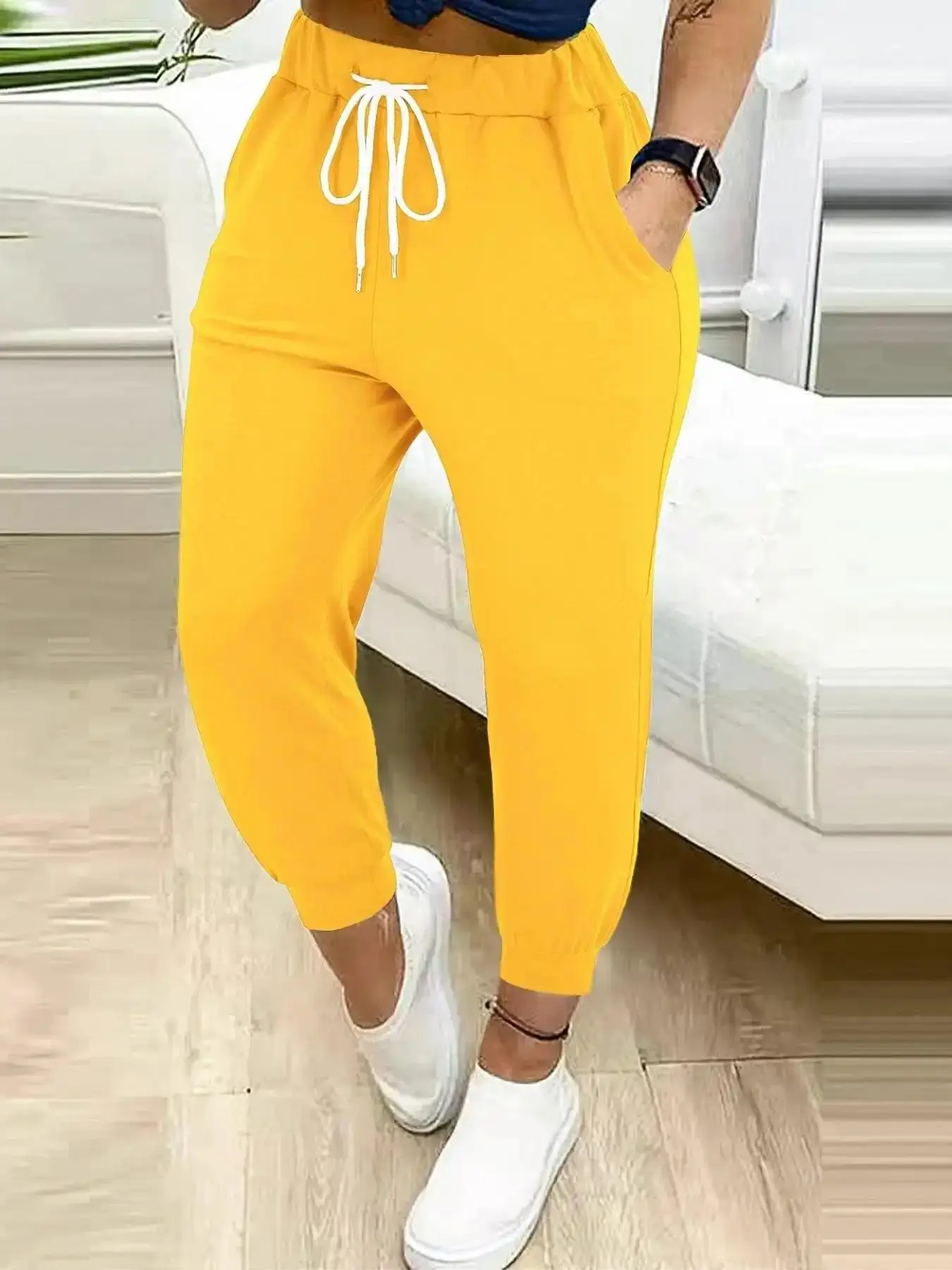 Women's Stunning Plain Drawstring Waist Jogger Pants, Casual Pocket High Trousers for Daily Wear, Ladies Bottoms for All Seasons, Sports, tailored comfort, sleek line, flattering drape