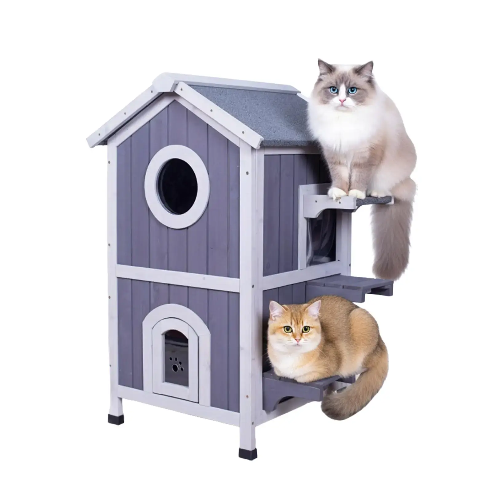 Outdoor Insulated Cat House Winter-Proof, Two-Story Shelter for Feral Cats with Thermal Heated Layer, Removable Roof, Balcony & Escape Door