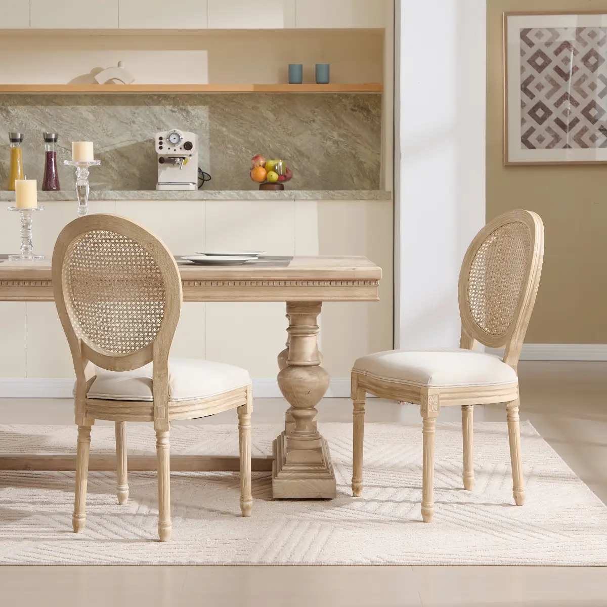 French Country Dining Chairs Set of 2, Upholstered  Chairs with Nature Rattan Round Back, Wire drawing and carving techniques ,Disassemblable ,  for Living Room, Kitchen , Restaurant Use