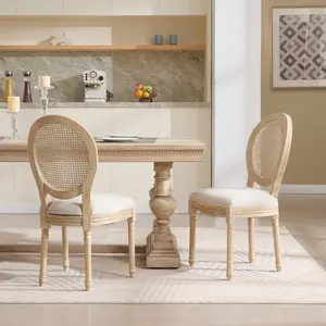 French Country Dining Chairs Set of 2, Upholstered  Chairs with Nature Rattan Round Back, Wire drawing and carving techniques ,Disassemblable ,  for Living Room, Kitchen , Restaurant Use