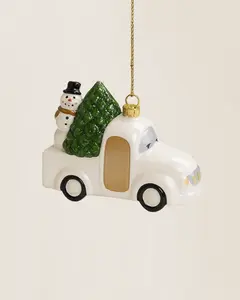 Shatterproof White and Gold Truck Christmas Tree Ornament Plastic Decor 3.54"H x 4.72"W