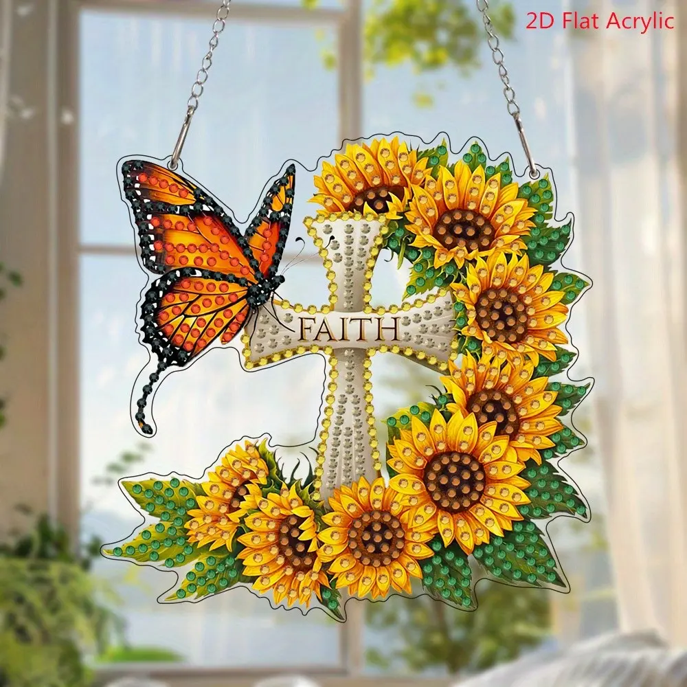 2D Flat Design DIY Diamond Painting Kit, Diy Diamond Art, 5D Irregular Crystal Diamonds, Sunflower Butterfly Cross Pendant Handmade Craft, Wall Hanging Decor, Acrylic, Handmade Gifts