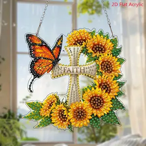 2D Flat Design DIY Diamond Painting Kit, 5D Irregular Crystal Diamonds, Sunflower Butterfly Cross Pendant Handmade Craft, Wall Hanging Decor, Acrylic