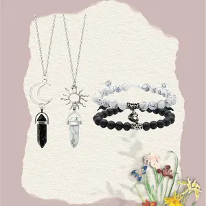 4 Pcs Set Magnetic Couple Matching Split Sun and Moon Necklace Heart Necklace Crystal Mutual Attraction Pendant Best Friends Friendship Bracelet And Necklace