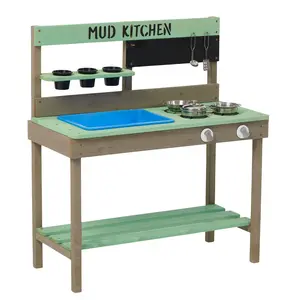 Donext Kids Play Kitchen Wood Mud Kitchen with Water Play Set Cooking Toys for Outdoor Gift for 3~8 Year Olds Durable Wooden Construction Versatile Play Options Unisex