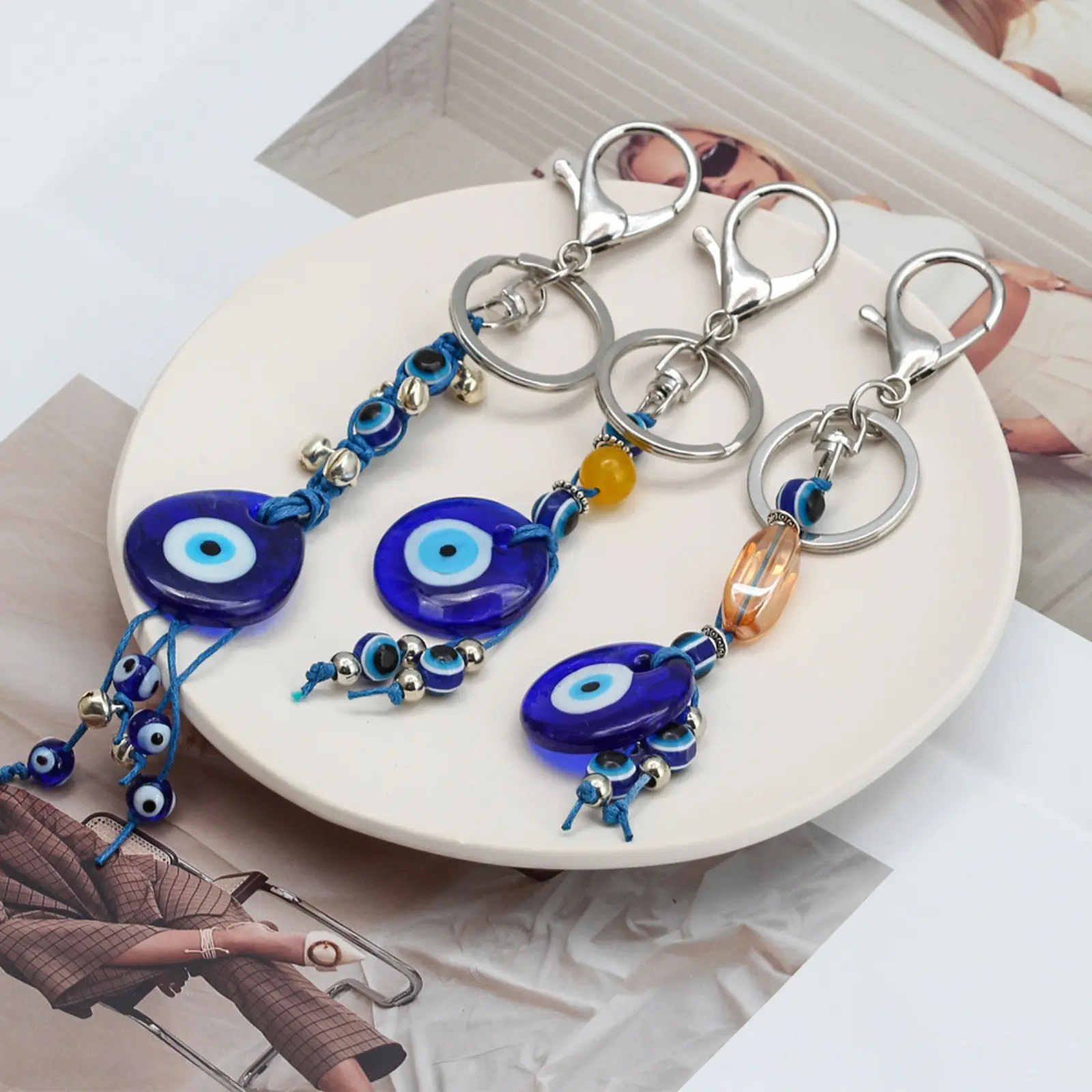 Blue Evil Eye Keychain, Aesthetic Beaded Hamsa Hand Charm for Wall Decor, Car Mirror Hanging Ornament, Cool Bag Accessory, Car Key Chains, Aesthetic Keychain