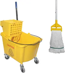 Commercial Mop Bucket with Side Press Wringer on Wheels, Including One Commercial Mop, 35 Quart, Yellow