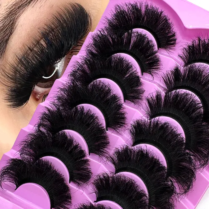 7 Pairs Thick Long Reusable Makeup Lashes 9D Faux Mink False Eyelashes, Volumized Fake Eyelashes, Volumized False Eyelashes, Dramatic Volume, Multi-Layered Curly & Fluffy, Cat Eye Shape, 18-25mm Long & Dense, Handmade Suitable For Beginners, Comfortable